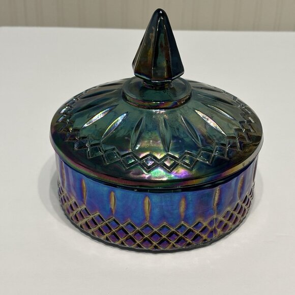 Vintage Indiana Glass Iridescent Blue Candy Dish With Lid Princess Pattern - Picture 2 of 12